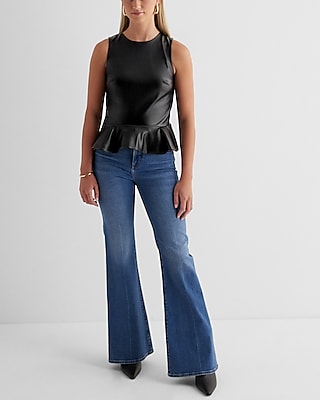 Faux Leather Crew Neck Peplum Tank