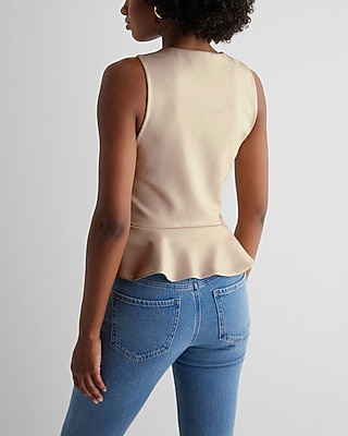 Faux Leather Crew Neck Peplum Tank