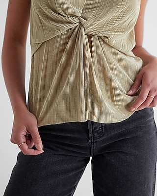 V-Neck Pleated Twist Front Draped Tank