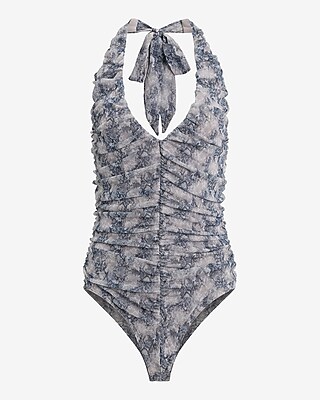 Printed Ruched Halter Neck Bodysuit