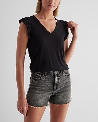 Linen-Blend V-Neck Flutter Sleeve Tank