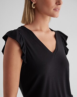 Linen-Blend V-Neck Flutter Sleeve Tank
