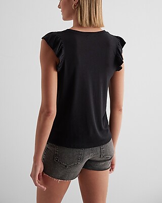 Linen-Blend V-Neck Flutter Sleeve Tank