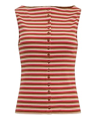Striped Ribbed Boat Neck Button Front Knit Tank