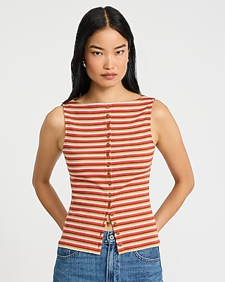 Striped Ribbed Boat Neck Button Front Knit Tank