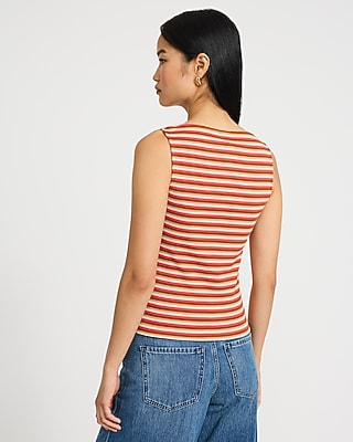 Striped Ribbed Boat Neck Button Front Knit Tank