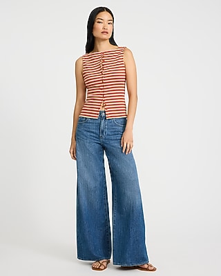 Striped Ribbed Boat Neck Button Front Knit Tank