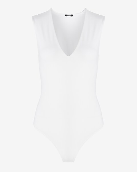Express Body Contour Stretch Cotton Double V-Neck Bodysuit White