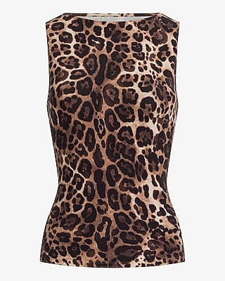 Body Contour Stretch Cotton Leopard Boat Neck Tank
