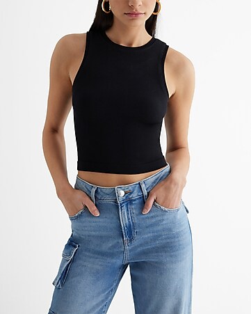 Express Body Contour Ribbed Bustier Crop Sweater Top Black Women's