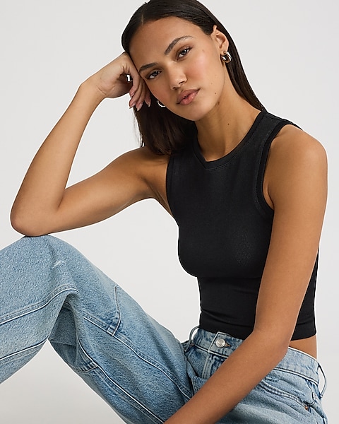 Body Contour Seamless Ribbed High Neck Cropped Tank | Express Body Contour Seamless Ribbed High Neck Cropped Tank | Express
