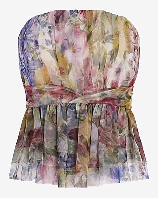 Floral Strapless Tulle Tiered Peplum Tube Top
