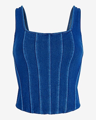 Body Contour Medium Denim Square Neck Corset Cropped Tank