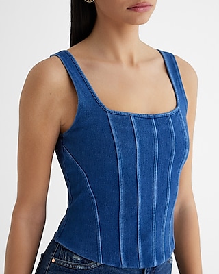 Body Contour Medium Denim Square Neck Corset Cropped Tank