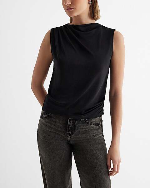 Skimming Draped Cowl Neck Pleated Shoulder Tank