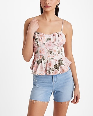 Fitted Floral Pleated Bustier Peplum Cami