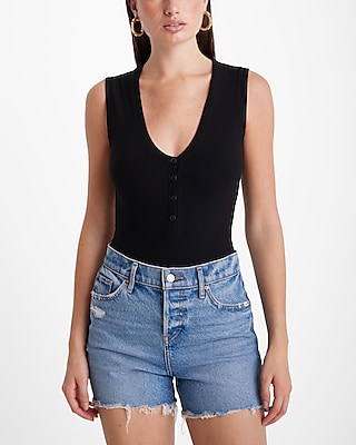 Fitted Ribbed V-Neck Sleeveless Henley Bodysuit