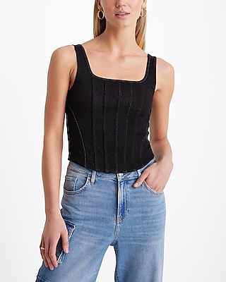 Body Contour Black Denim Square Neck Corset Cropped Tank