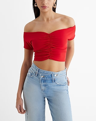 Express, Body Contour Ribbed Off The Shoulder Criss Cross Sweater in  Brushed Sa