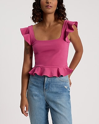 Body Contour Stretch Cotton Flutter Sleeve Peplum Tank