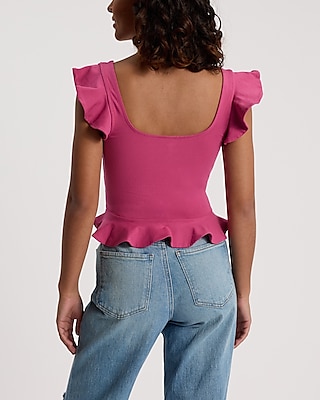 Body Contour Stretch Cotton Flutter Sleeve Peplum Tank