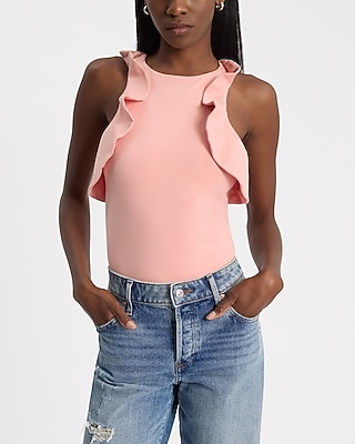 Body Contour Stretch Cotton High Neck Sleeveless Ruffle Bodysuit