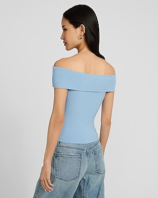 Fitted Ribbed Off The Shoulder Overlay Top