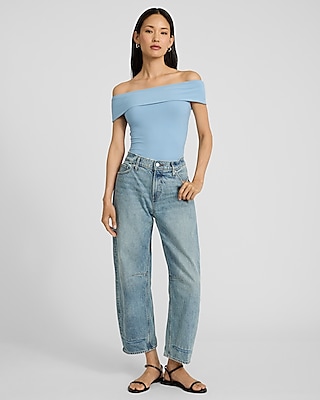 Fitted Ribbed Off The Shoulder Overlay Top