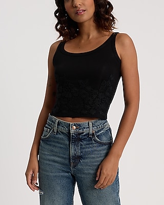 Fitted Ribbed Scoop Neck Crochet Cropped Tank