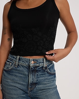 Fitted Ribbed Scoop Neck Crochet Cropped Tank