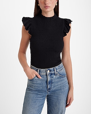 Fitted Smocked Ruffle Neck Flutter Sleeve Tee