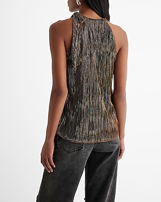 Metallic Tie Halter Neck Pleated Top