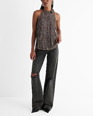 Metallic Tie Halter Neck Pleated Top