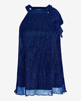 Metallic Tie Halter Neck Pleated Top