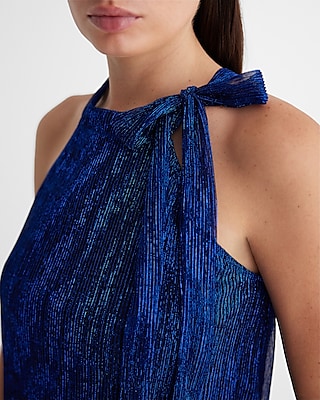 Metallic Tie Halter Neck Pleated Top