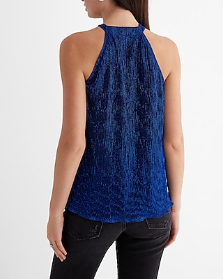 Metallic Tie Halter Neck Pleated Top