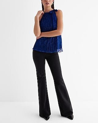 Metallic Tie Halter Neck Pleated Top