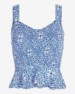 Fitted Printed Scoop Neck Smocked Peplum Tank