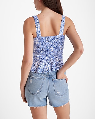 Fitted Printed Scoop Neck Smocked Peplum Tank