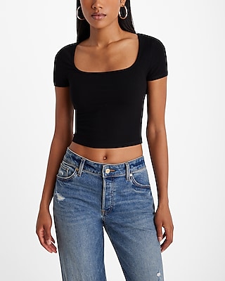 Fitted Ribbed Square Neck Cropped Tee