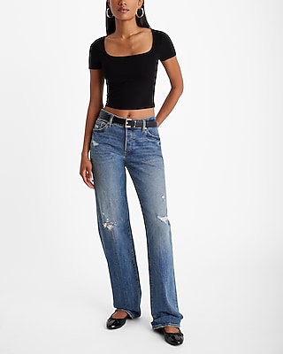 Fitted Ribbed Square Neck Cropped Tee