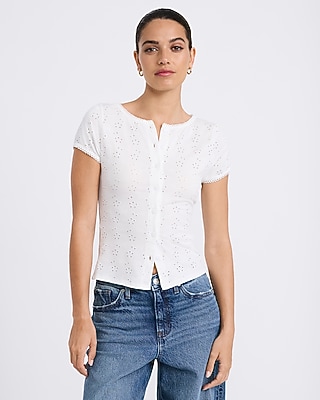 Eyelet Crew Neck Button Front Top