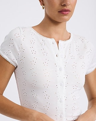 Eyelet Crew Neck Button Front Top
