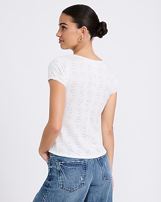 Eyelet Crew Neck Button Front Top