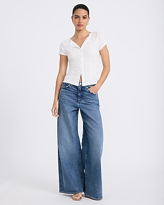 Eyelet Crew Neck Button Front Top