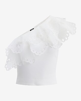 Ribbed Eyelet Ruffle One Shoulder Cropped Tank