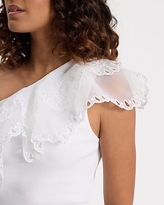 Ribbed Eyelet Ruffle One Shoulder Cropped Tank