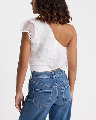 Ribbed Eyelet Ruffle One Shoulder Cropped Tank