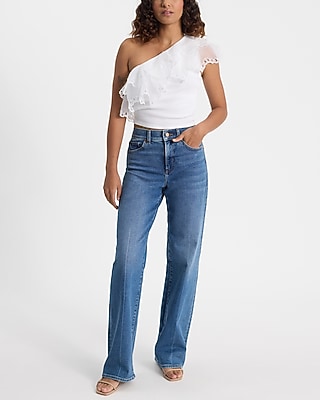 Ribbed Eyelet Ruffle One Shoulder Cropped Tank