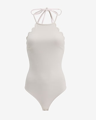 Body Contour Stretch Cotton Halter Neck Scalloped Sleeveless Bodysuit